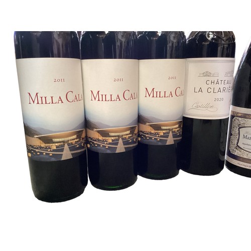 327 - Eleven bottles of red, to include three bottles of 2011 Milla Cala, one bottle 2020 Chareau La Clari... 