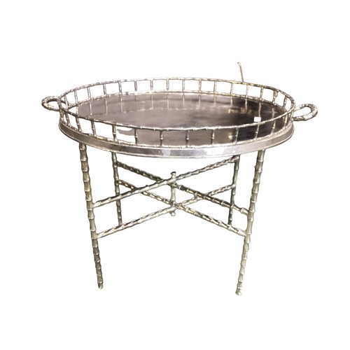 595 - Contemporary heavy metal circular occasional table with wood effect legs, black granite top 42 cm di... 