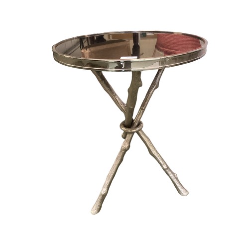 595 - Contemporary heavy metal circular occasional table with wood effect legs, black granite top 42 cm di... 