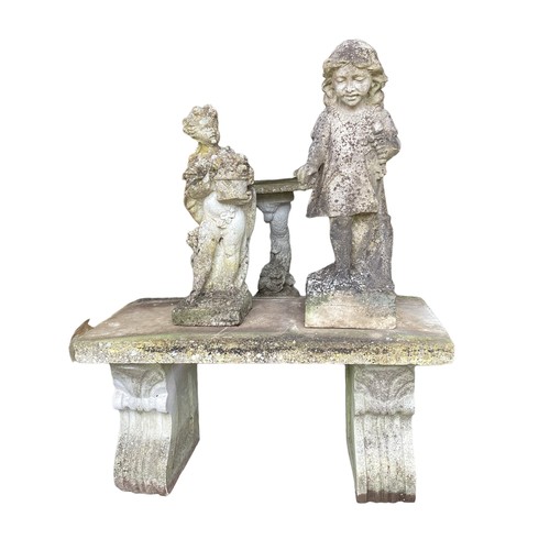 658 - Natural cut stone bench (three pieces) two stone figures and bird bath with aquatic stand