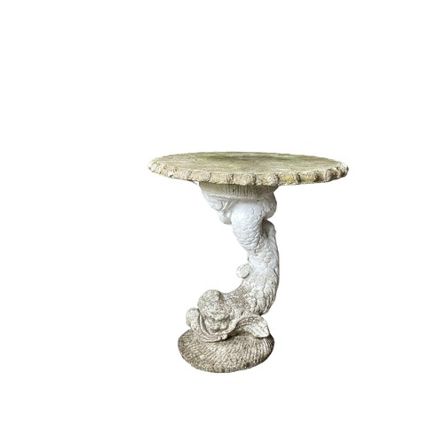 658 - Natural cut stone bench (three pieces) two stone figures and bird bath with aquatic stand