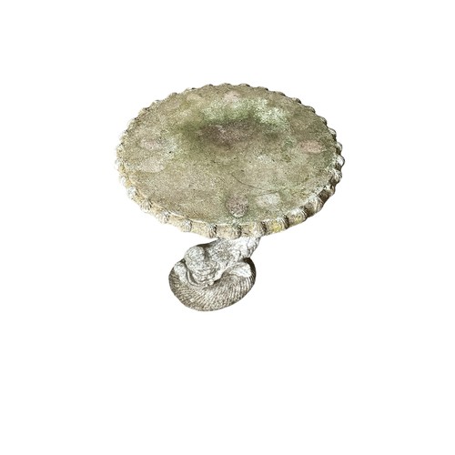 658 - Natural cut stone bench (three pieces) two stone figures and bird bath with aquatic stand