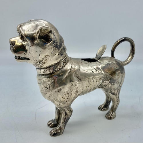 148 - A 930 marked silver creamer modelled as a pug dog. 12cm x 15cm. Continental marks to foot, 172g; Pur... 