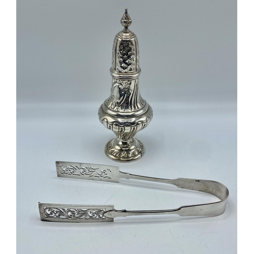 155 - A sterling silver sugar shaker by Trevor Towner, London 1977 together with a pair of Victorian sterl... 