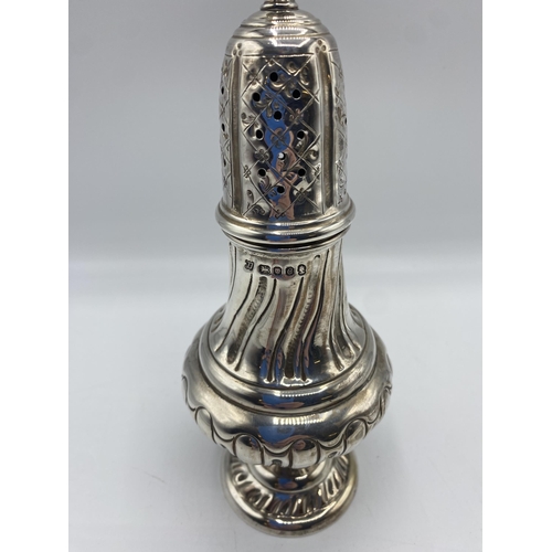 155 - A sterling silver sugar shaker by Trevor Towner, London 1977 together with a pair of Victorian sterl... 