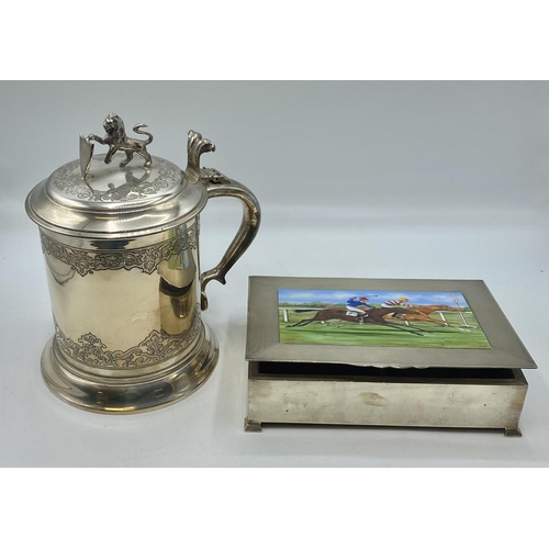 198 - A sterling silver cigarette box, cedar lined with hand painted panel of jockey and horses to top By ... 