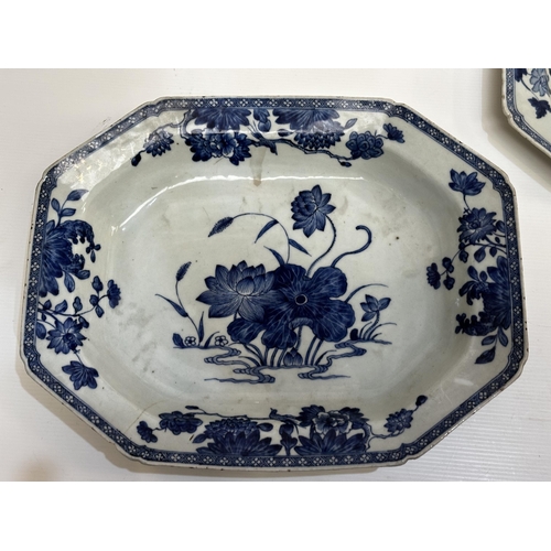 205 - Two blue and white meat platters together with four famille rose hexagonal plates (staple repairs)