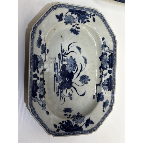 205 - Two blue and white meat platters together with four famille rose hexagonal plates (staple repairs)