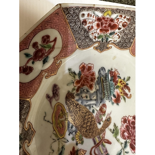 205 - Two blue and white meat platters together with four famille rose hexagonal plates (staple repairs)