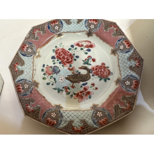 205 - Two blue and white meat platters together with four famille rose hexagonal plates (staple repairs)