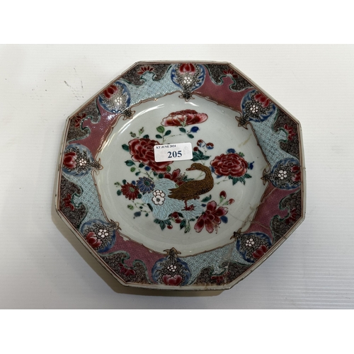 205 - Two blue and white meat platters together with four famille rose hexagonal plates (staple repairs)