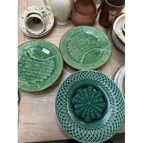 221 - A quantity of various china, to include a set of French, green lustre style asparagus plates, Wedgwo... 