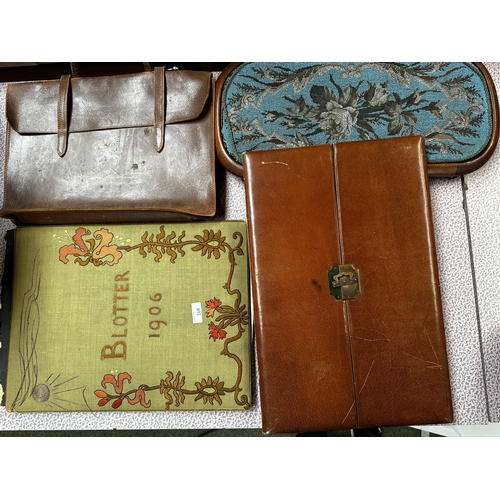 268 - A mixed lot to include a large leather bound easel, opening to reveal green lined interior - possibl... 