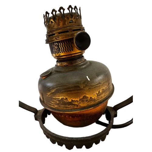 286 - A ceiling oil lamp with opaque white shaded and wrought iron mount. 70cm(h)