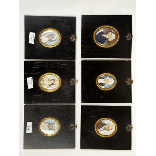 288 - Six miniature portraits on oval copper mounts with woven hair verso Each in a black lacquer frame. U... 