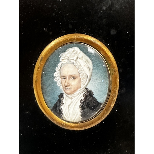 288 - Six miniature portraits on oval copper mounts with woven hair verso Each in a black lacquer frame. U... 