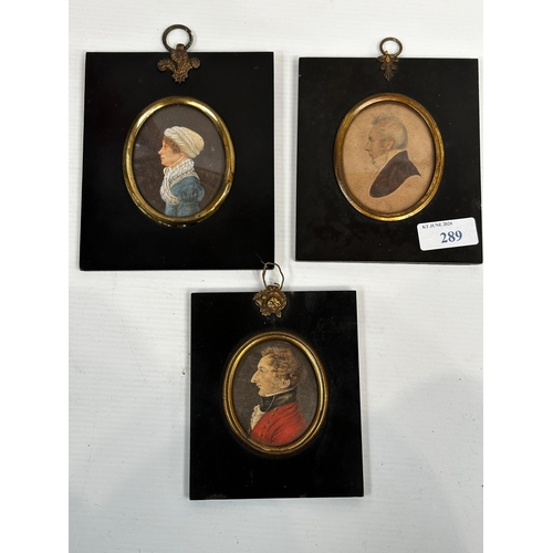 289 - Three miniature portraits. William Gordon and family. in oval gilt mounts with black frames.