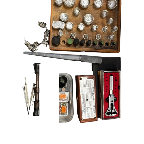 294 - A collection of gem and jewellery equipment, Electric scales, Watch openers window glass cleaner, me... 