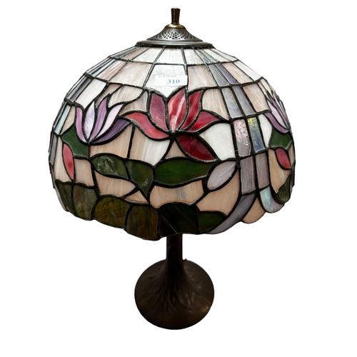 310 - Tiffany style table lamp with bronzed naturalistic base, 57cmH  and another Tiffany style ceiling  s... 