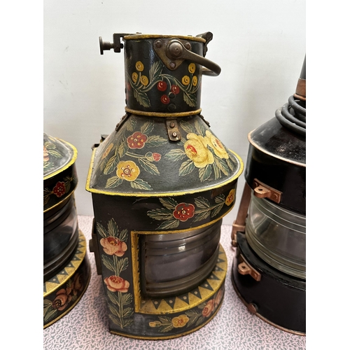 339 - Two old Barge ware hanging ships lanterns, decorated floral pattern, 45cm H overall, and one other s... 