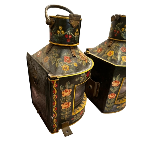 339 - Two old Barge ware hanging ships lanterns, decorated floral pattern, 45cm H overall, and one other s... 