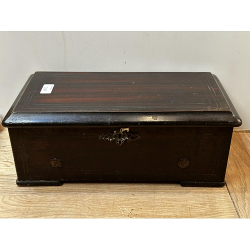 343 - A late C19th rectangular music box with label to interior, 6 Aires, one broken tooth, 35cm L x 13cm ... 