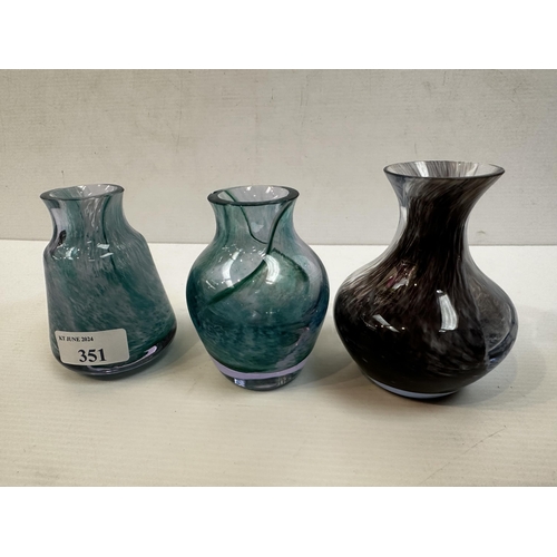 351 - Three Caithness style vases together with a Chinese presentation glass paperweights.