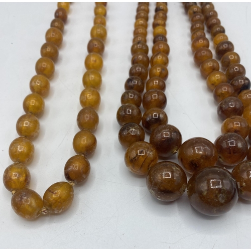 48 - A strand of graduated amber beads together with a double strand of amber style beads with yellow met... 