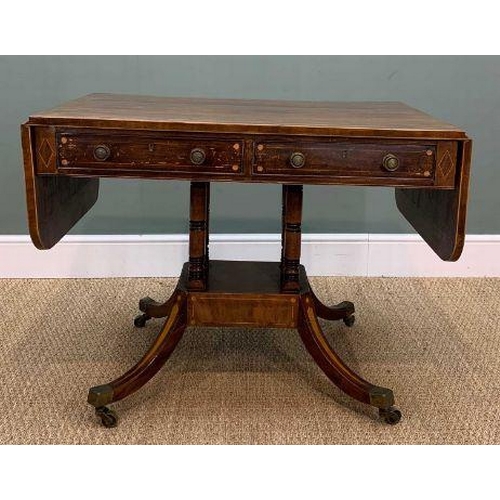 599 - Regency Cross-banded mahogany and rosewood sofa table, fitted two frieze drawers backing on to two d... 