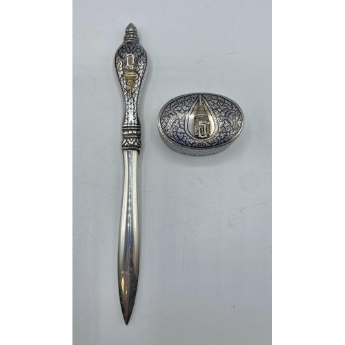 8 - A Royal College of Thai Silver pot and paper knife with marks to represent Princess Maha Chakri Siri... 
