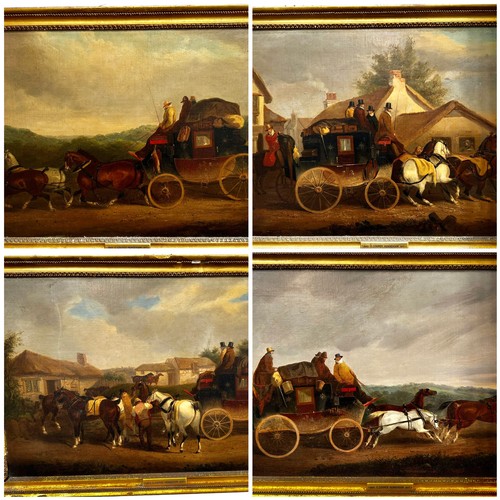 401 - CHARLES COOPER HENDERSON, (1803-1877) oil on canvas,  set of 4 coaching scenes, 42 X 65cm approx, in... 