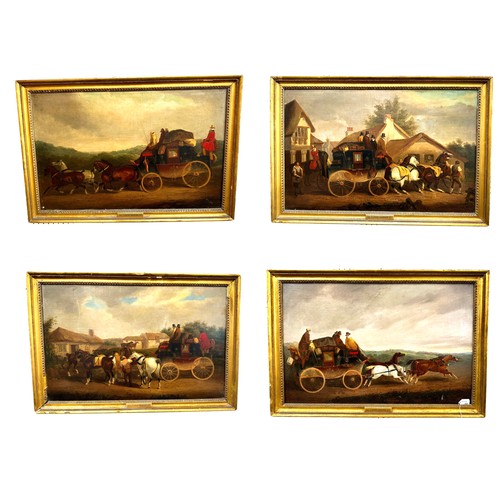 401 - CHARLES COOPER HENDERSON, (1803-1877) oil on canvas,  set of 4 coaching scenes, 42 X 65cm approx, in... 