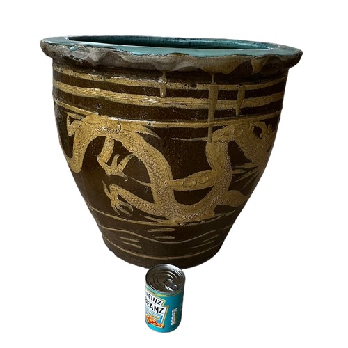 381 - A large blue and turquoise planter, with dragon decoration, in the oriental taste, some minor wear