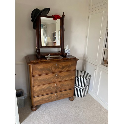 555 - Good Victorian flame mahogany chest of four long drawers.  103 cm W x 52 cm D x 105 cm H.  Some loss... 