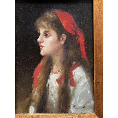 456 - JOLANDA RUSSO, (XX), two oil on board portraits of young ladies in recessed gilt frames Each: 18cm x... 