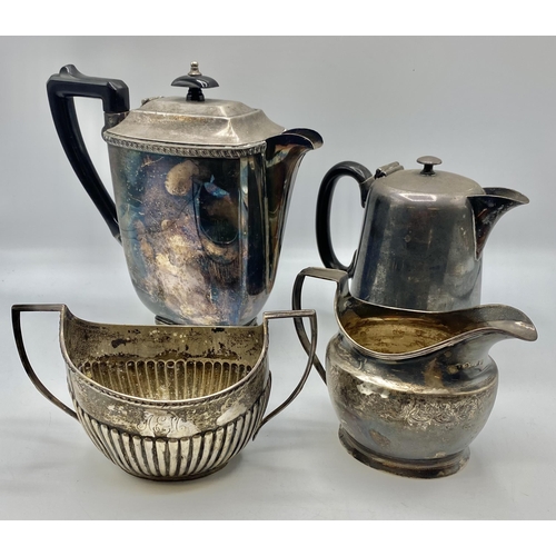 117 - A sterling silver sugar bowl, and a sterling silver cream jug;  and a silver plated coffee pot and h... 