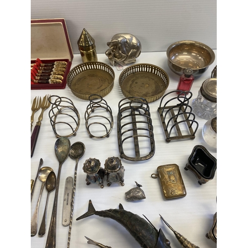 150 - A collection of silver plated and white metal items, the fishes were purchased from Hymie Danker in ... 