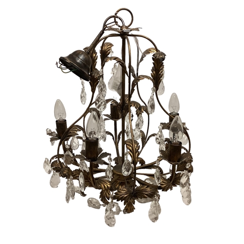 235 - A modern decorative brass style chandelier, with five light branches, and glass lustre drops, 54cm H