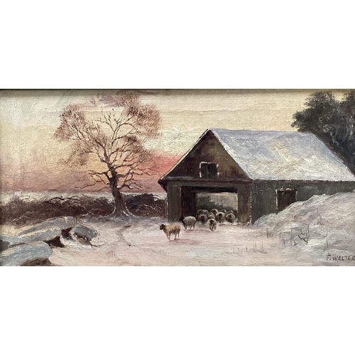 462 - A pair of oil on canvas, Sheep in snowy landscape, signed lower left F. Walters, note verso cleaned ... 