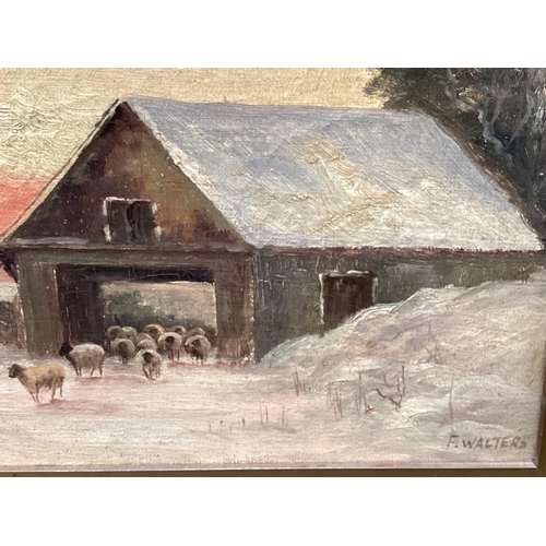 462 - A pair of oil on canvas, Sheep in snowy landscape, signed lower left F. Walters, note verso cleaned ... 