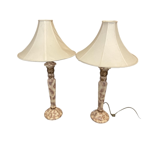 263 - A Pair of modern reeded column table lamps, with cream shades, approx 93cm