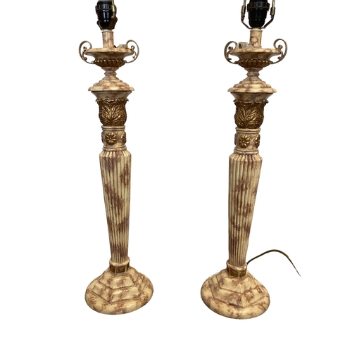 263 - A Pair of modern reeded column table lamps, with cream shades, approx 93cm