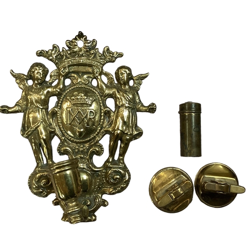 307 - A quantity of metal wares including horse shaped door stops, a slave bangle, brass candlesticks, wal... 