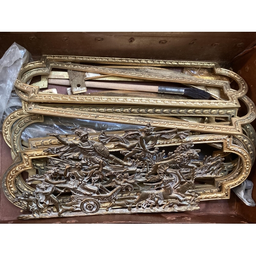 308 - A collection of brass fixtures and fittings, door knobs, coats hooks, hanging brackets, gilt metal f... 