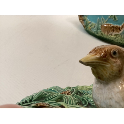 313 - A Majolica style game dish (PLEASE NOTE THE BEAK HAS THE END CHIPPED OFF  in the Minton/George Jones... 