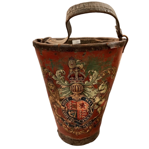 320 - A  C19th leather bound bucket, decorated with Military Coat of Arms, 39cm H, 29cm diameter, with wea... 