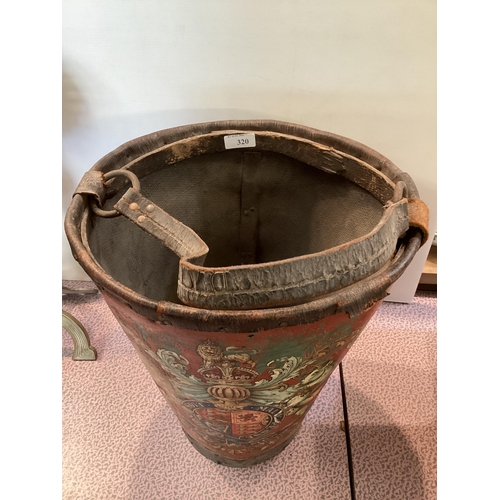 320 - A  C19th leather bound bucket, decorated with Military Coat of Arms, 39cm H, 29cm diameter, with wea... 