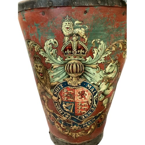 320 - A  C19th leather bound bucket, decorated with Military Coat of Arms, 39cm H, 29cm diameter, with wea... 