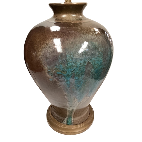 349 - A large ceramic Raku style  lustre lamp of bulbous form, 66cm High with fitting