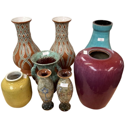 352 - Pair of Royal Doulton vases, 22cmH, and a large Austrian waisted vase, a pair of modern baluster vas... 